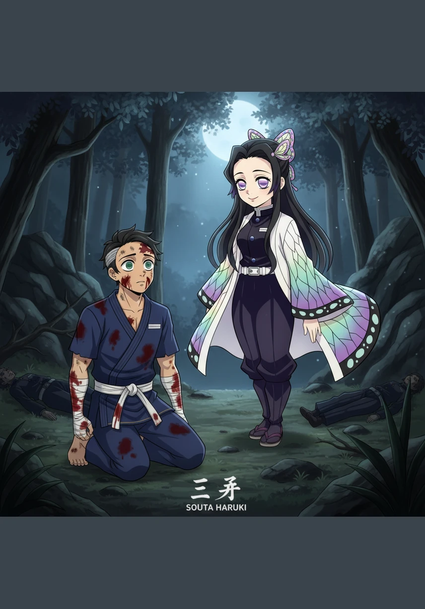 Battered and bloodied after the horrors of Final Selection, young Souta Haruki looked up through the haze of exhaustion to see a vision of impossible grace. Kanae Kocho stood before him, her butterfly haori fluttering like wings in the moonlight, appearing as an untouched sanctuary in a world that had tried to break him.