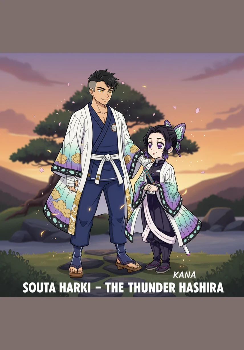 Years of grueling training and lightning-fast strikes earned Souta the title of Thunder Hashira, allowing him to finally stand as an equal beside the woman who had haunted his dreams. They stood together on a quiet balcony overlooking the estate, the weight of their roles momentarily forgotten in the warmth of a shared, lingering gaze and a soft touch of hands.