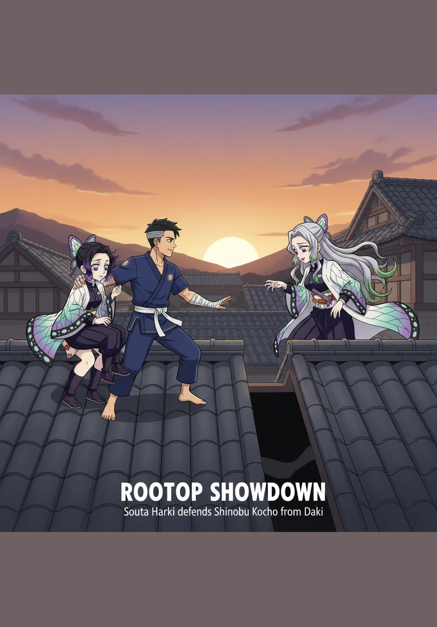 Now a protective older brother to the girls of the Butterfly Estate, Souta sat on the rooftop with Shinobu, listening as she vented her frustrations about the emotionally distant Giyu Tomioka. He offered a gentle, knowing smirk, teasing her about her temper while secretly plotting a way to give her the chance at happiness he had lost.