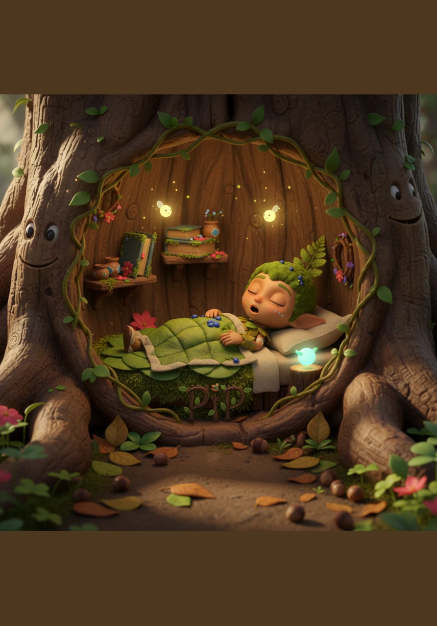 Pip the forest sprite lives in a cozy hollowed-out oak tree surrounded by glowing mushrooms and soft green moss. One morning, he wakes up to a strange, tinkling sound echoing from the deep woods that he has never heard before.