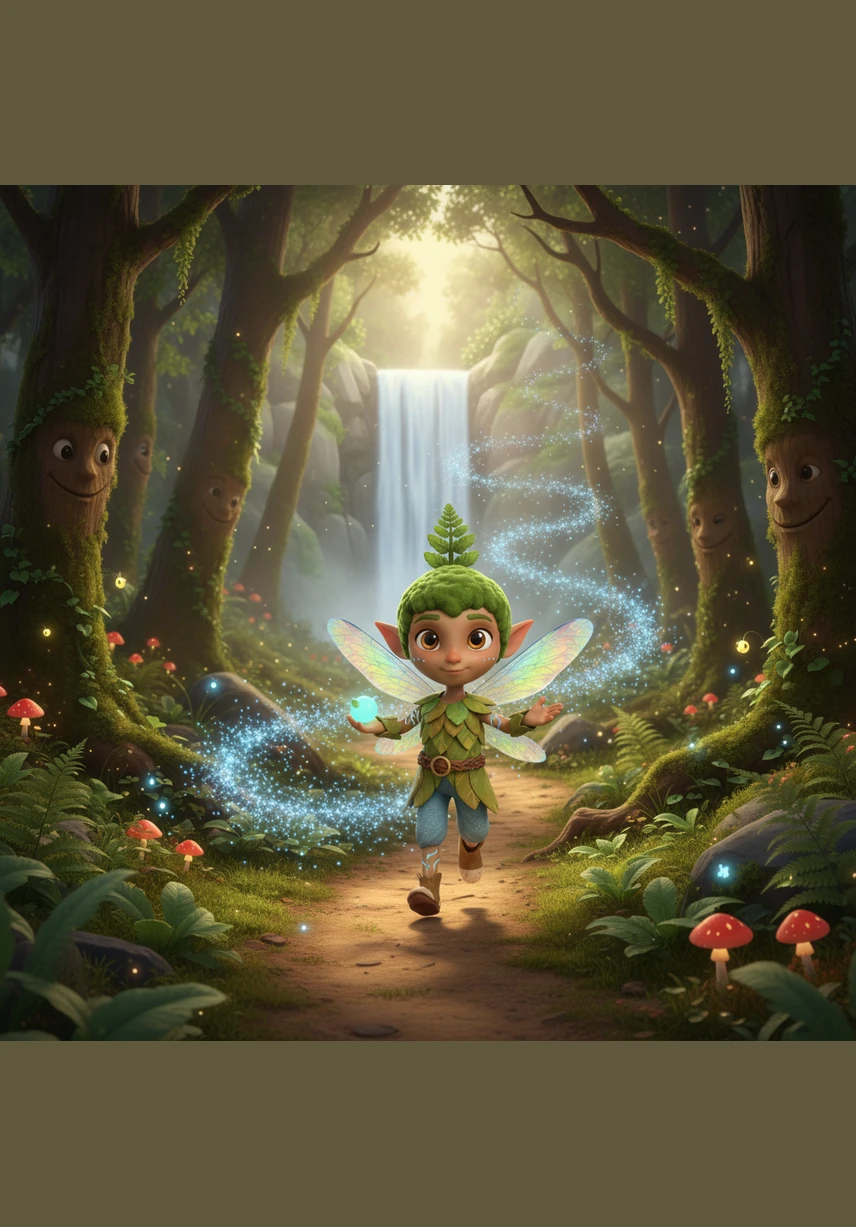 Driven by curiosity, Pip ventures into the Emerald Woods where the ancient trees whisper secrets and the air smells of sweet jasmine. He notices a trail of shimmering blue dust leading toward the Great Waterfall and decides to follow it.