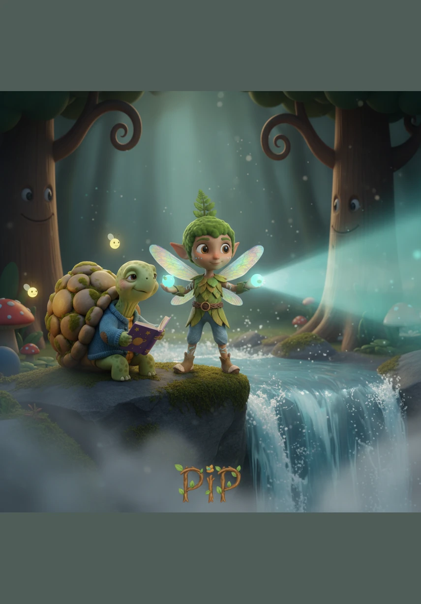 At the edge of the roaring waterfall, Pip meets Sheldon, a wise old turtle with a shell covered in ancient, glowing runes. Sheldon explains that the Song of the Earth has faded and only a pure heart can gather the lost notes to restore balance.