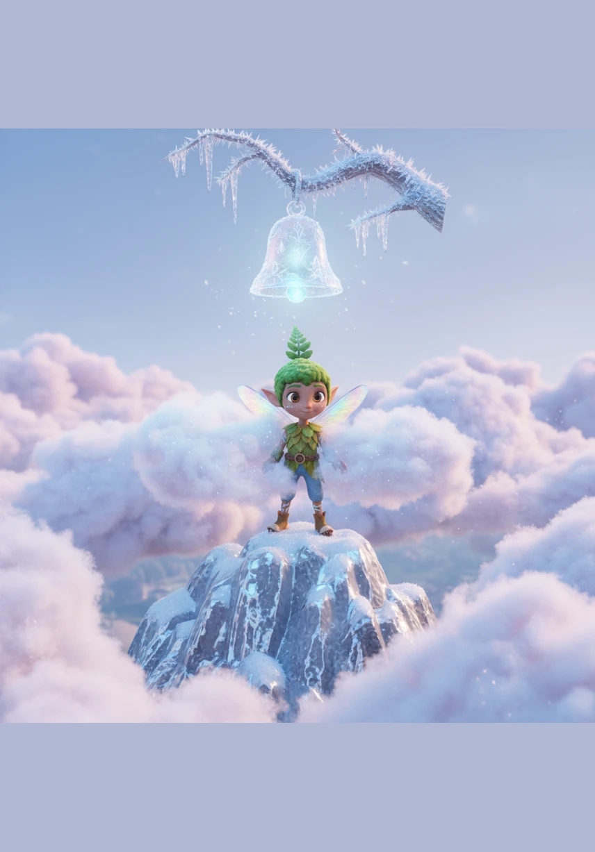 To find the first note, Pip climbs the Silver Peak where the clouds feel as soft as cotton candy against his wings. High above the world, he finds a crystal bell hanging from a frozen branch, ringing softly in the mountain breeze.