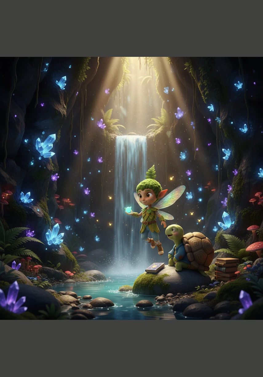 Inside the cavern, Pip discovers a field of singing crystals that glow in every color of the rainbow. He gently taps a vibrant ruby crystal, capturing its deep, resonant hum to add to his growing collection of magical sounds.