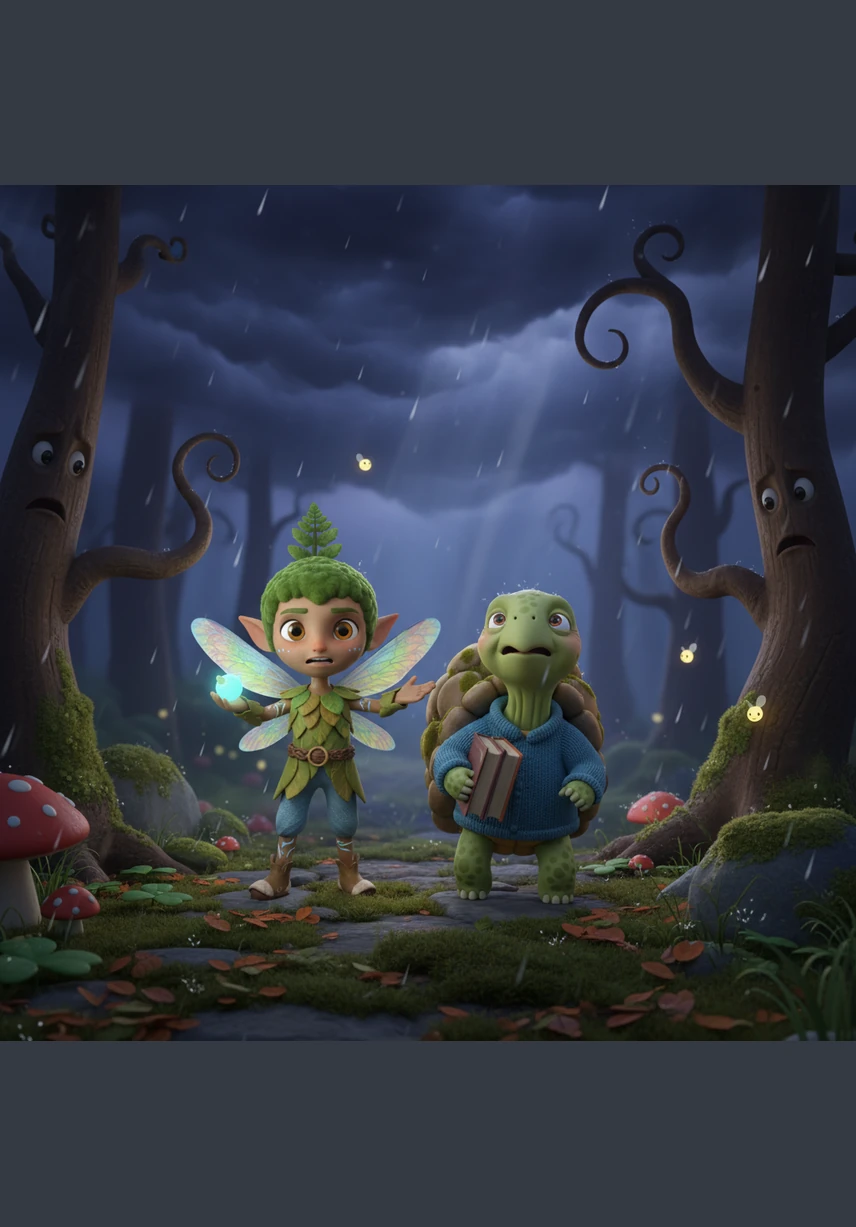 As Pip makes his way back, a sudden storm darkens the sky, but the light from his jar guides him through the shadows. Forest animals of all sizes emerge from their hiding places, drawn to the warmth and hope radiating from the captured music.