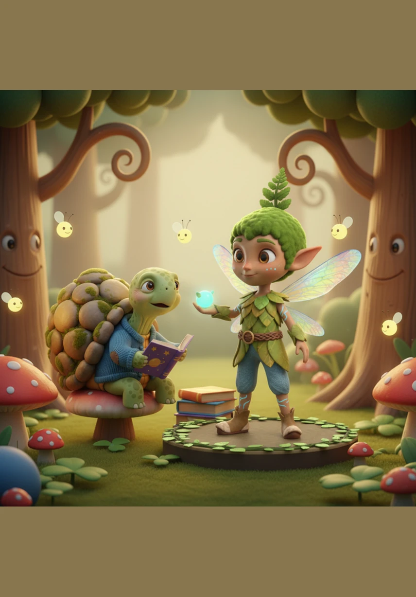 With a deep breath, Pip opens his jar, and the captured notes fly out like golden butterflies, swirling around the Heart Tree in a brilliant dance. The forest suddenly erupts into a harmonious symphony that heals the land and turns the leaves emerald green once more.