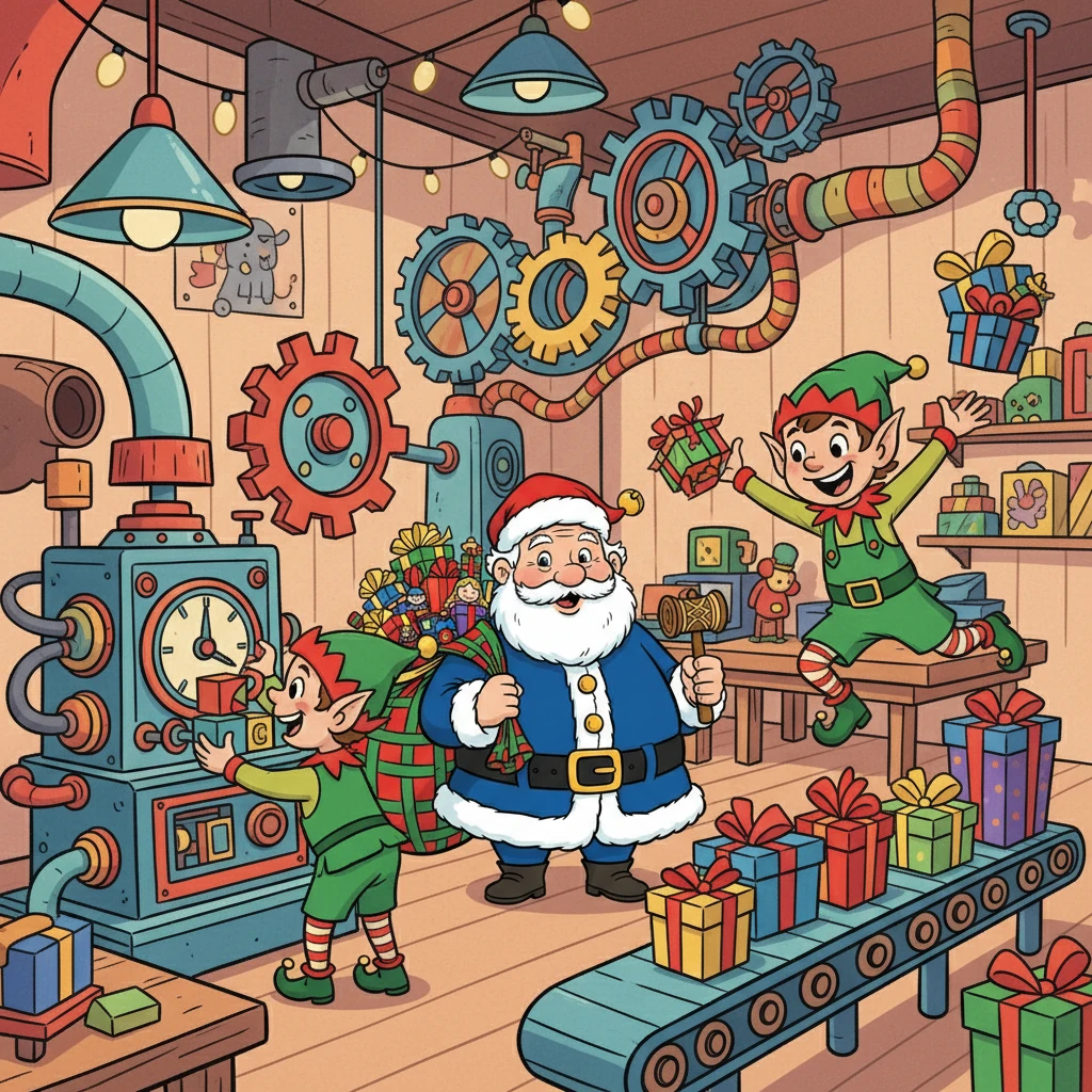 À l'intérieur de l'atelier, des machines étranges et merveilleuses tournaient à plein régime. Les lutins, vêtus de leurs combinaisons vertes, travaillaient avec enthousiasme.