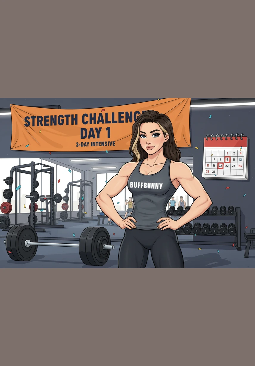 Serena stands in front of her gym mirror on Day 1, focused and determined as she curls a heavy dumbbell. Her muscles strain with effort, marking the beginning of her intensive three-day strength challenge. She checks her initial measurement, setting her sights on a goal that requires absolute dedication.