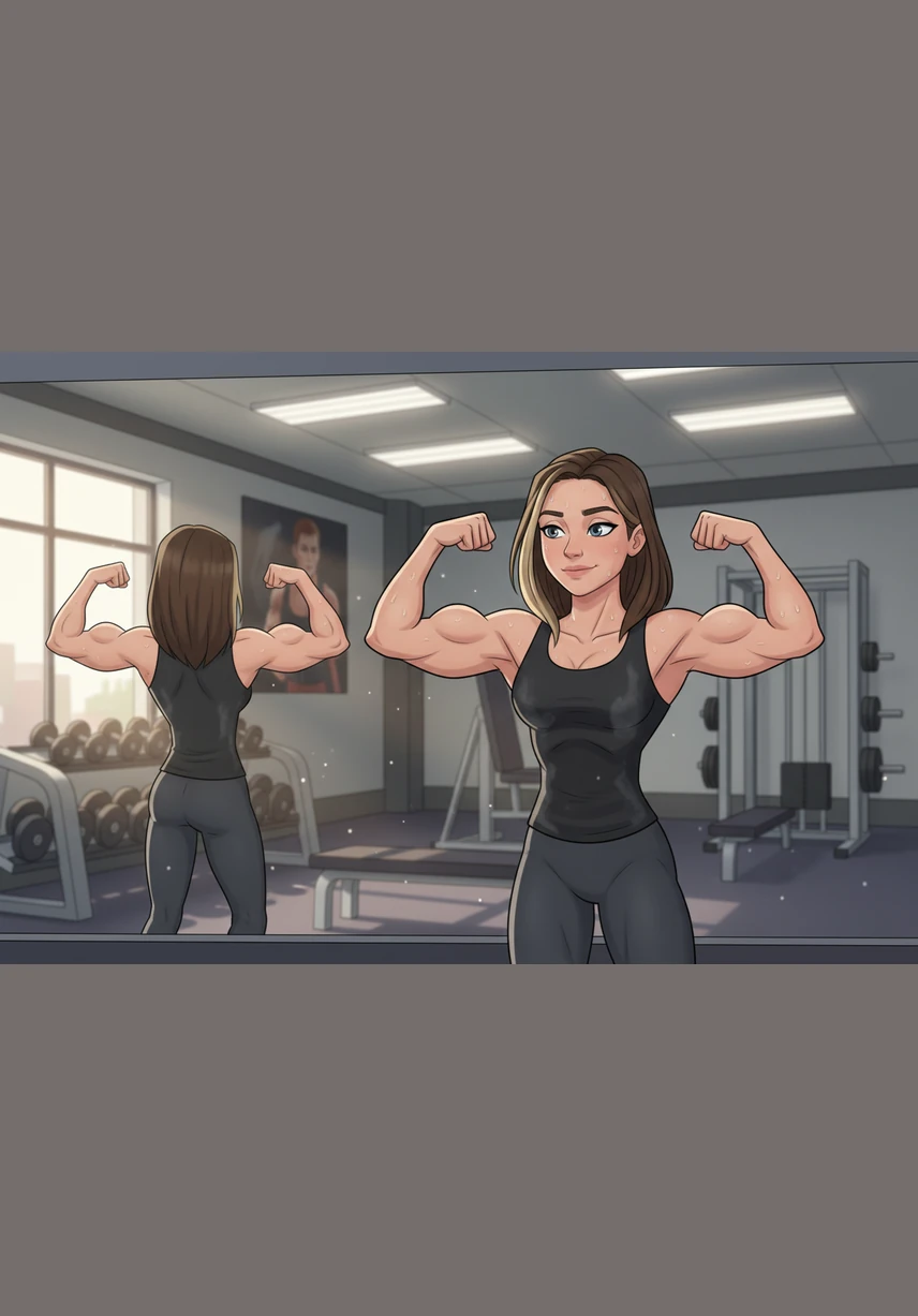 By the second day, sweat glistens on Serena's brow as she performs intense concentration curls to hit every fiber of her muscles. She pauses to flex in the mirror, admiring the growing peak and the incredible pump from her hard work. Every rep brings her closer to the transformation she desires, fueled by her unwavering discipline.