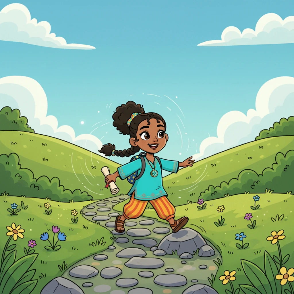 The road transformed into a rocky path, and the green hills rose around Amina. The air grew fresher, and the scent of wildflowers filled her lungs. She smiled, feeling the thrill of exploration course through her veins.