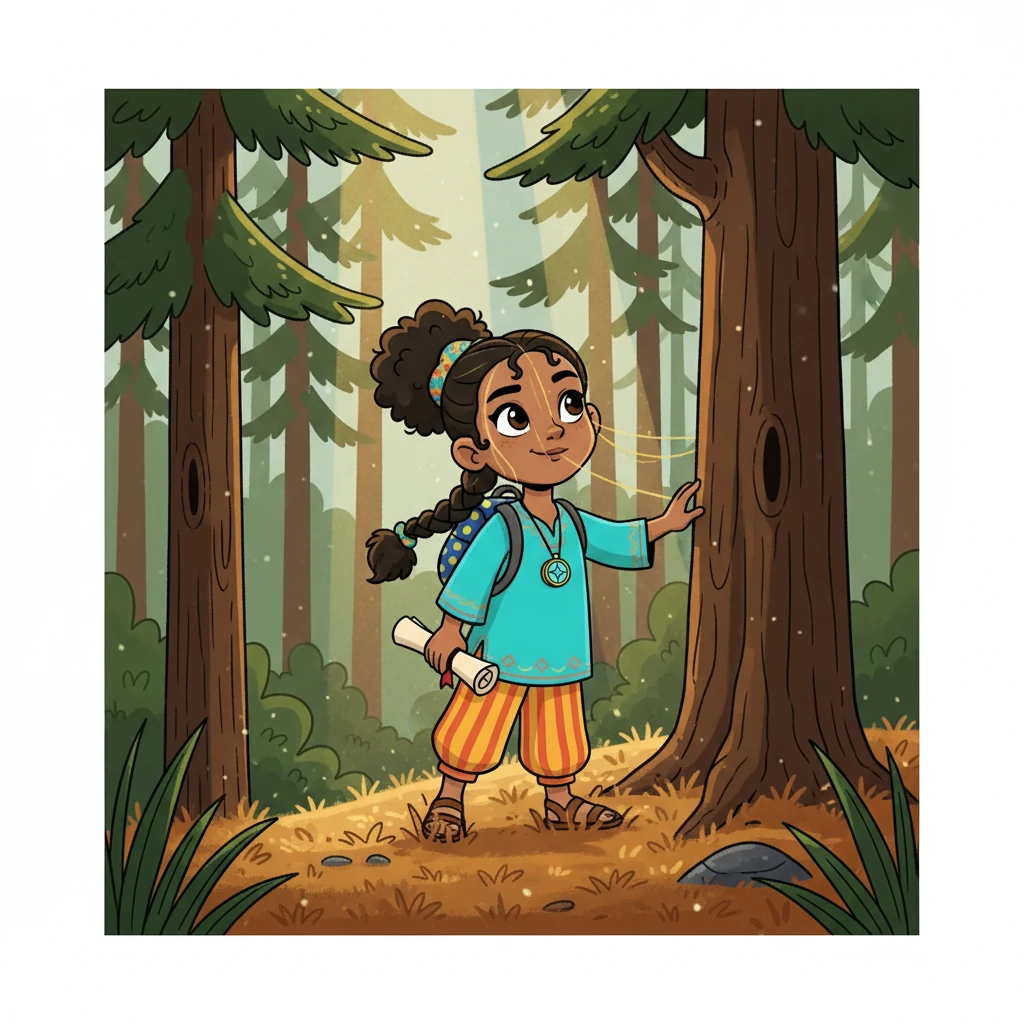Amina entered a quiet pine forest, the sunlight filtering through the branches like golden threads. The forest floor was covered in soft needles, and the only sound was the gentle rustling of the wind. She felt a sense of peace settling over her.