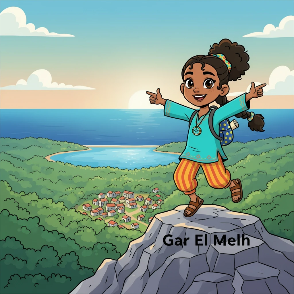 Finally, Amina reached the top of the mountain. A breathtaking panoramic view unfolded before her: the blue sea stretching to the horizon, the shimmering lagoon, the lush green forest, and the entire village of Gar El Melh nestled below.