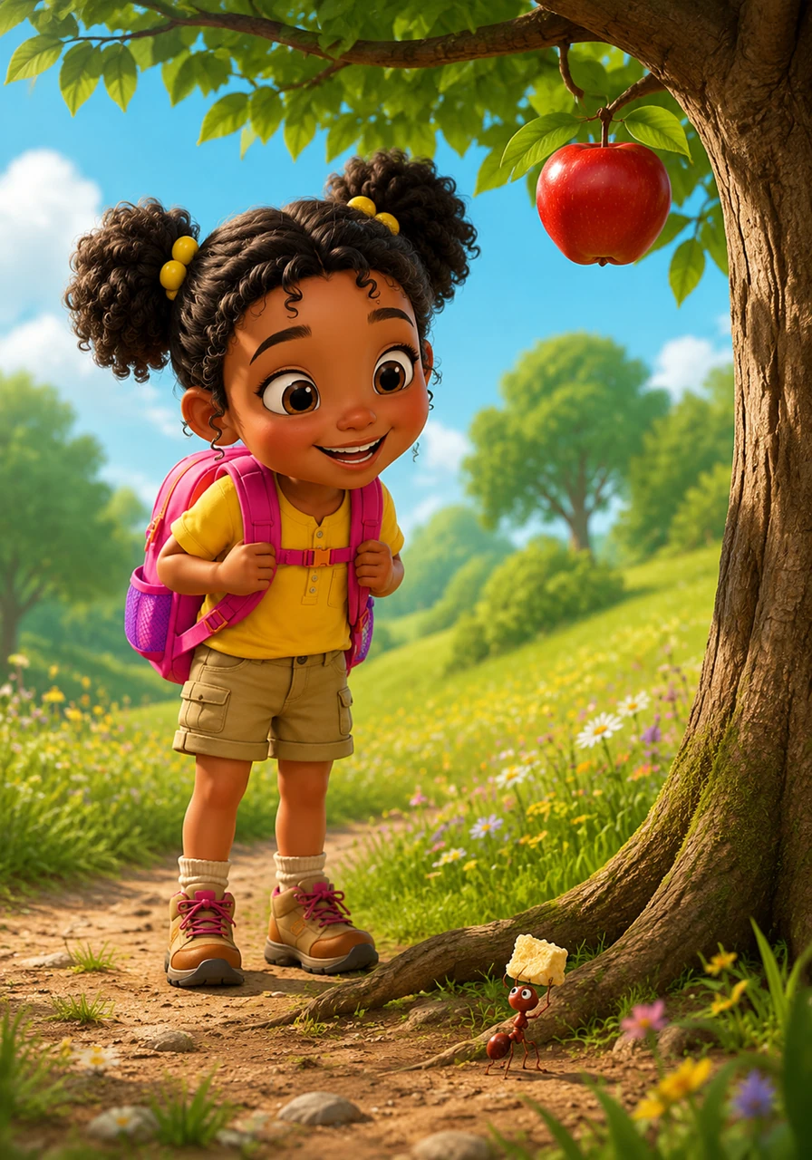 Tumi stands at the edge of a sun-drenched meadow, her bright backpack ready for a day of discovery. She finds a shiny red Apple hanging from a tree and watches a tiny Ant carry a crumb, learning her first letter, A.
