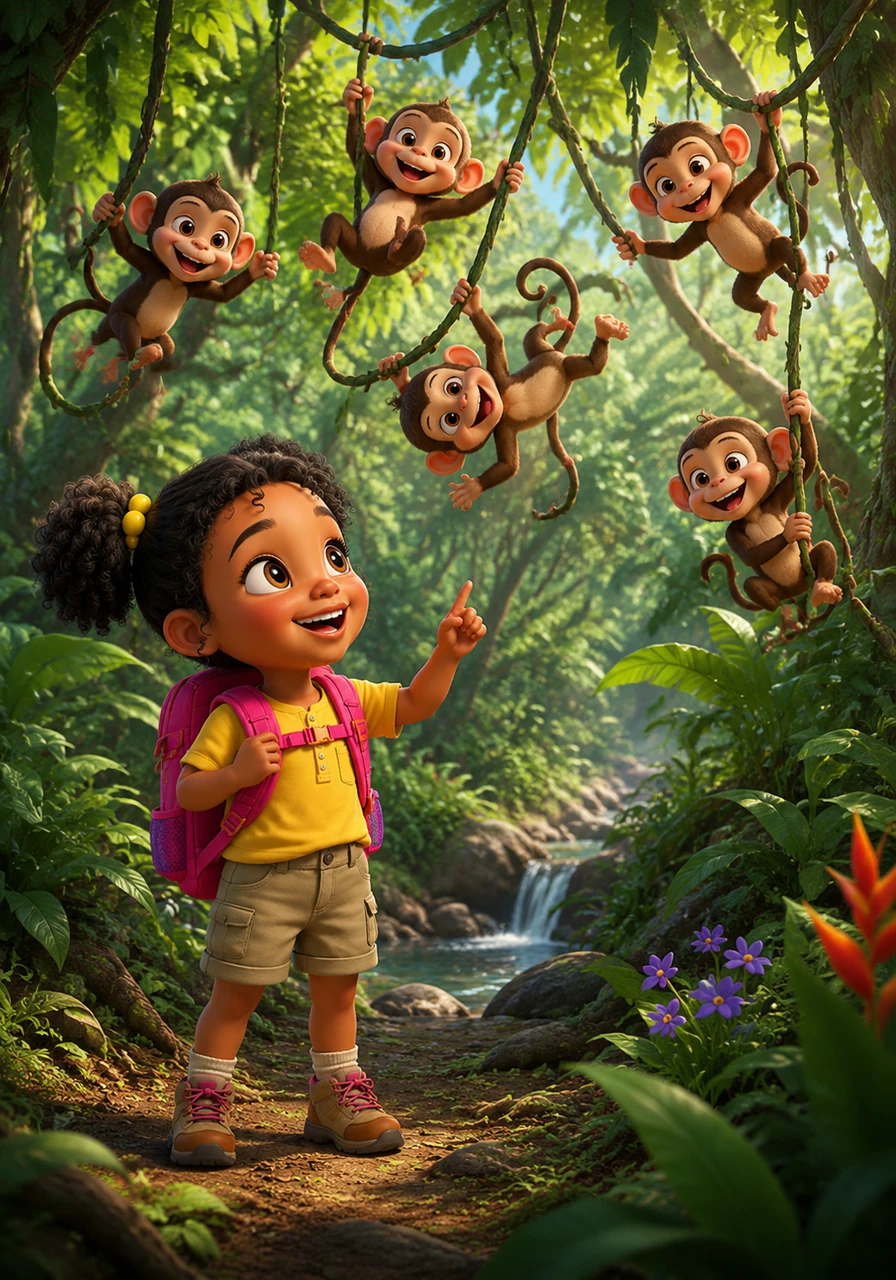 In the heart of the jungle, Tumi looks up to see five playful monkeys swinging through the vines. She counts them one by one, laughing as they chatter and show off their acrobatic tricks while she practices her numbers.