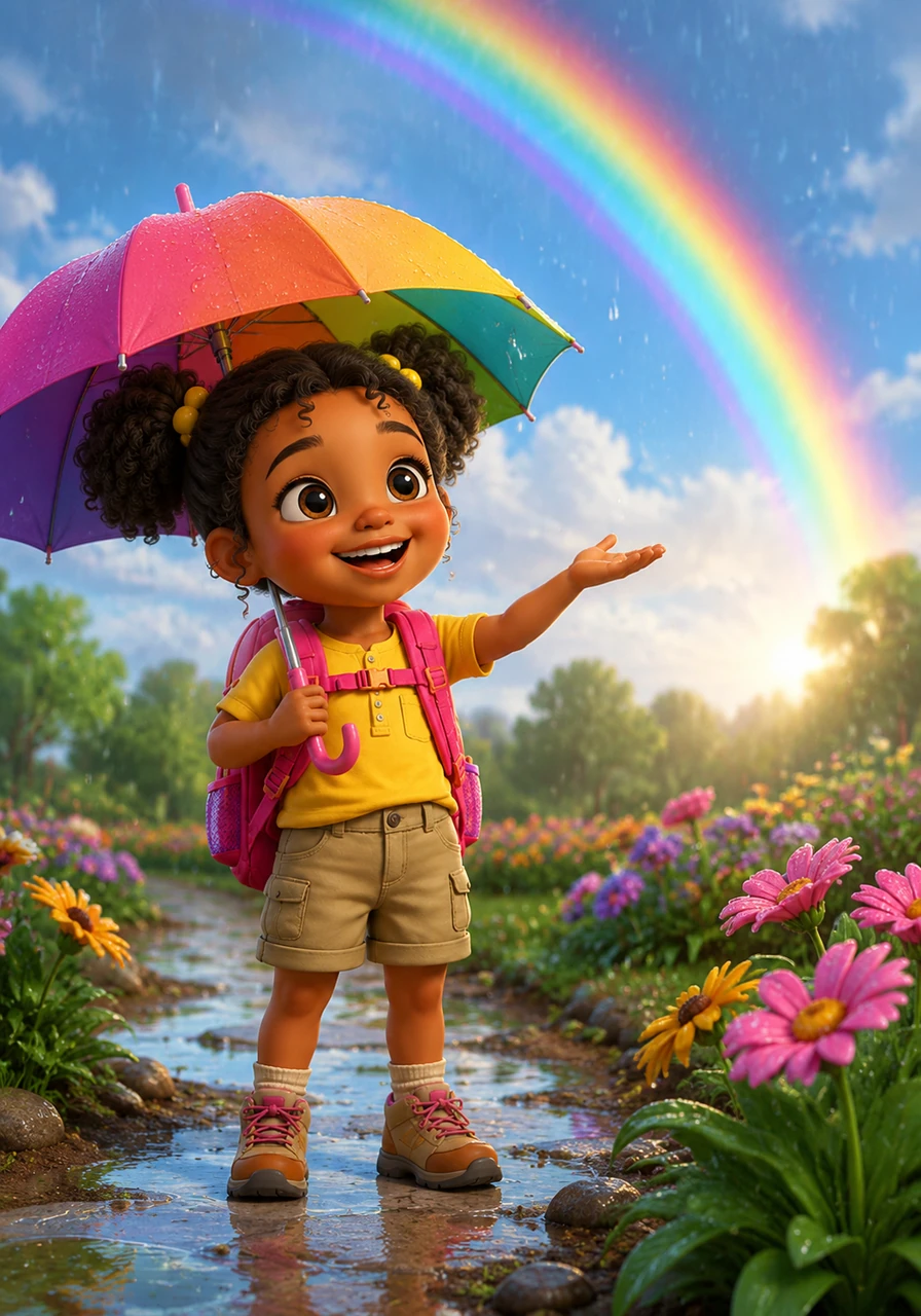 Suddenly, soft raindrops begin to fall, and Tumi opens her colorful umbrella to stay dry. She learns how rain helps the flowers grow and smiles when a brilliant rainbow stretches across the sky, teaching her about the beauty of nature.