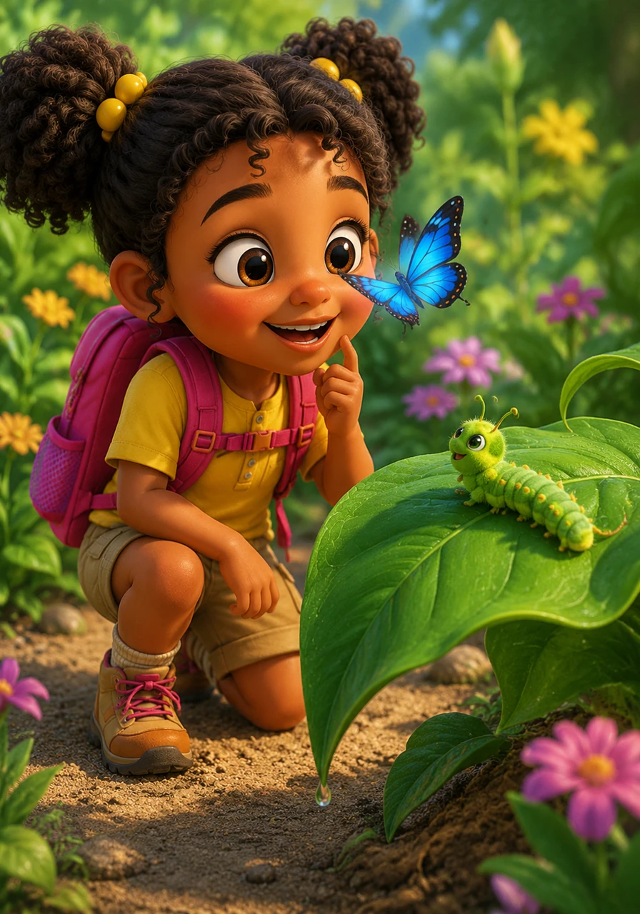 A bright blue Butterfly flutters past Tumi’s nose, leading her to a fuzzy green Caterpillar resting on a large leaf. She practices the letters B and C while marveling at how different these two garden friends look.