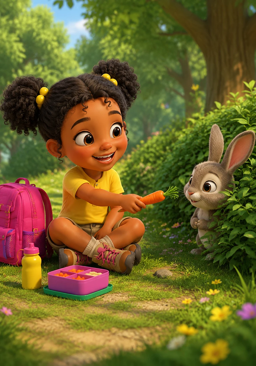 Tumi sits down for a snack and notices a shy rabbit watching her from the bushes. She kindly shares her carrots with her new friend, learning that being generous and sharing makes everyone feel happy and loved.