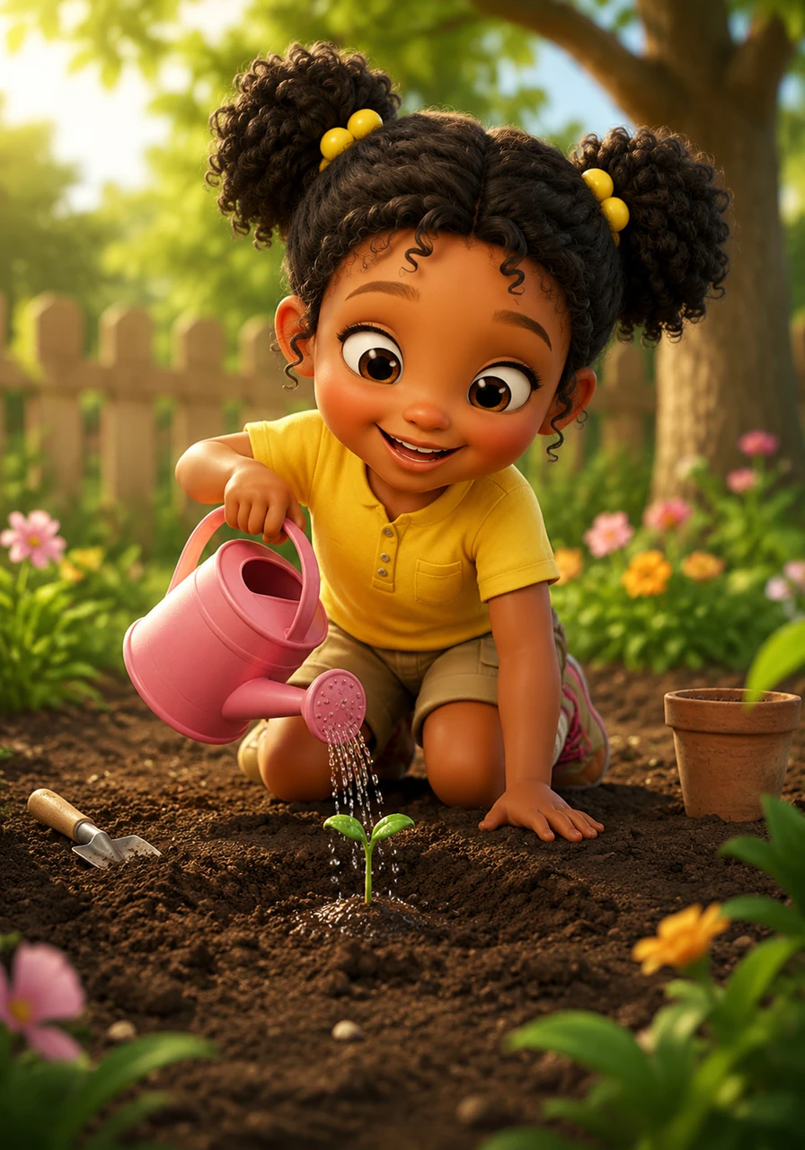 Digging in the soft, dark earth, Tumi plants a small seed and gives it a gentle drink of water from her watering can. She understands that with patience and care, even the smallest sprout can grow into a tall, strong plant.