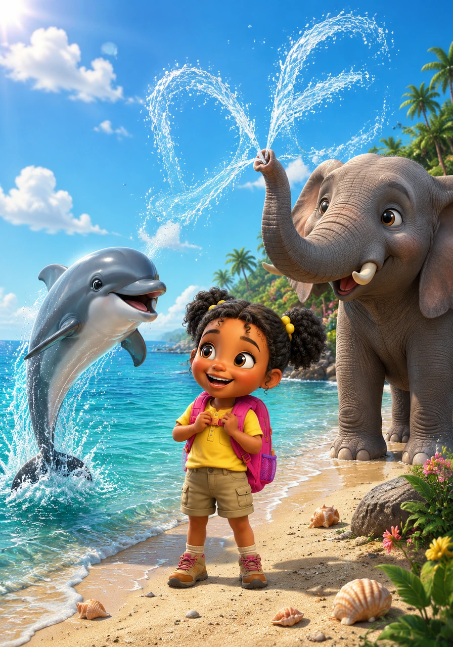 At the edge of the sparkling blue ocean, a friendly Dolphin leaps through the waves to greet Tumi. Nearby, a giant Elephant sprays water from its trunk, helping her remember the letters D and E as she explores the shore.