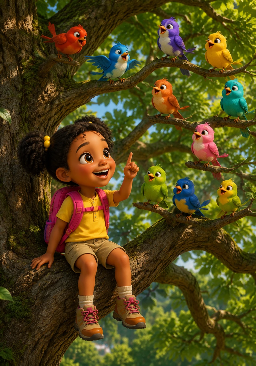 High in the branches of an ancient oak tree, Tumi spots ten colorful birds singing a sweet melody together. She carefully counts each one, enjoying the beautiful symphony of colors and sounds in the quiet forest.