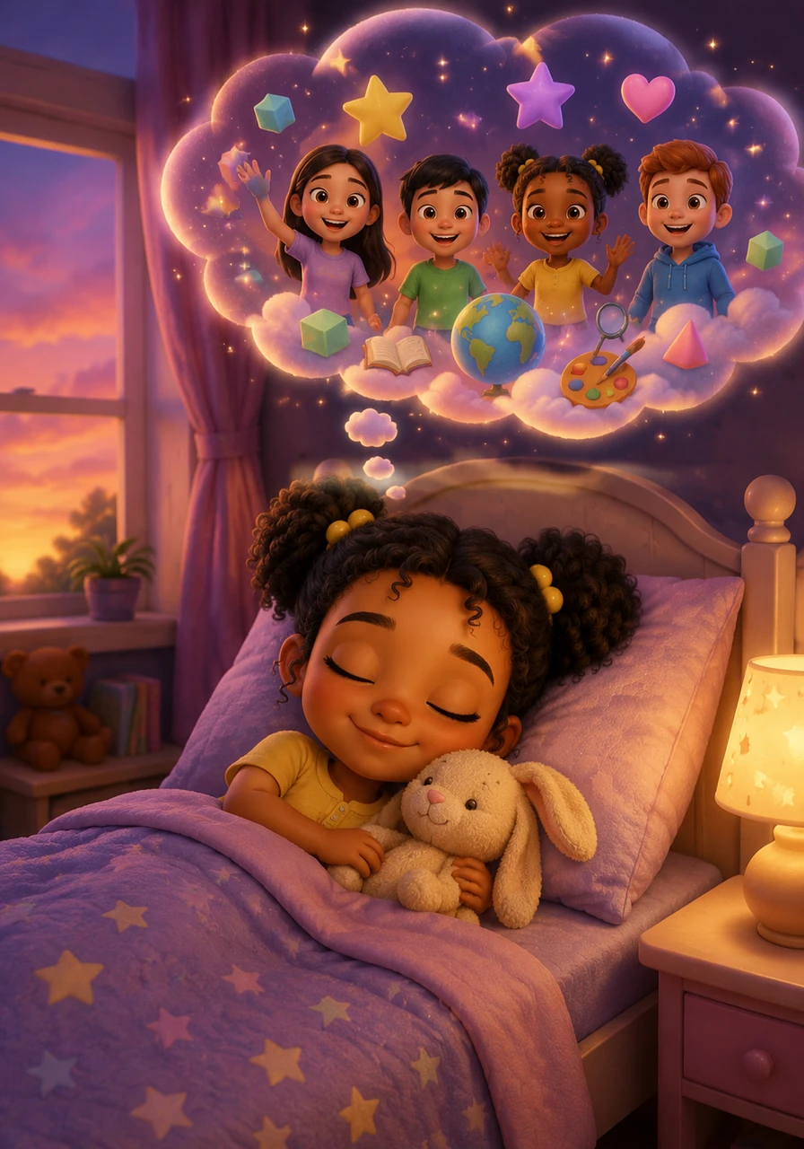 As the sun sets in shades of orange and purple, Tumi returns home to her cozy bed, tucked in with her favorite stuffed animal. She closes her eyes, dreaming of all the new letters, numbers, and friends she will meet on her next big adventure.