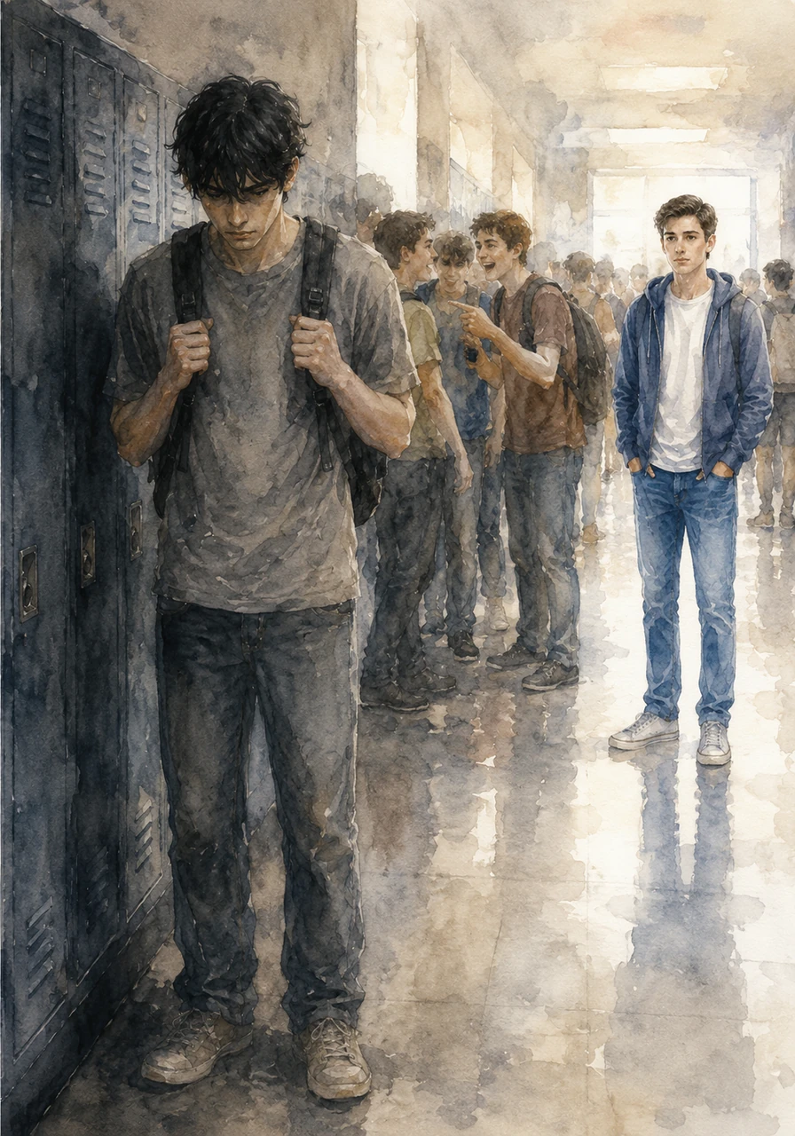 Owen always seemed to blend into the shadows of the school, despite his towering height and thick black hair. Aaron knew him better than most, not because they spoke, but because Aaron was always there to witness the cruel teasing Owen endured daily. It seemed like everyone had a label for Owen, yet nobody actually knew a single real thing about him.