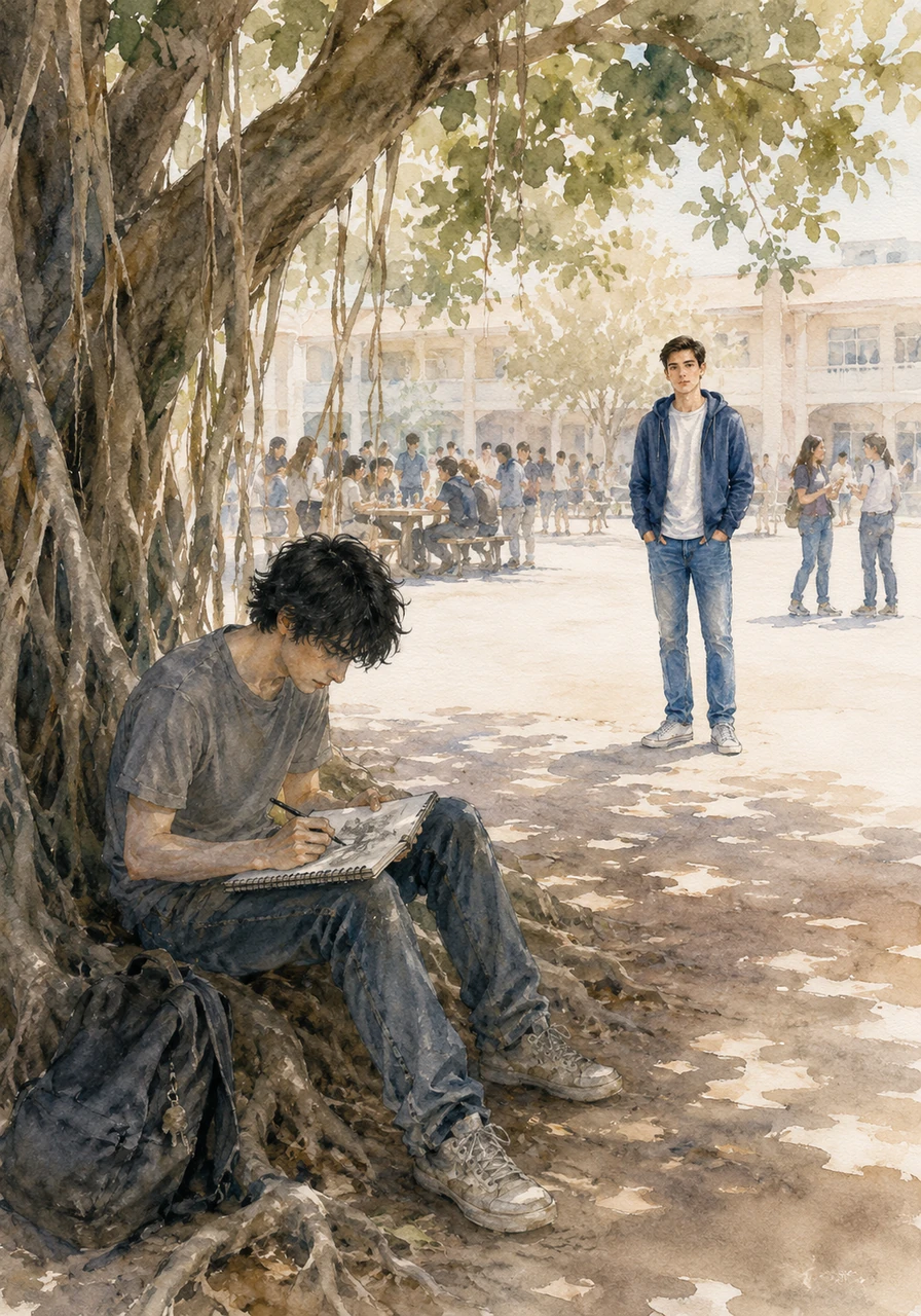 During lunch, Owen sat at the very edge of the courtyard beneath the old, sprawling branches of a massive banyan tree. He held a worn sketchbook in his lap, his pencil moving with frantic, delicate precision across the paper while the rest of the school laughed and chatted far away. Aaron watched from a distance, noticing for the first time the quiet dignity Owen maintained despite his isolation.