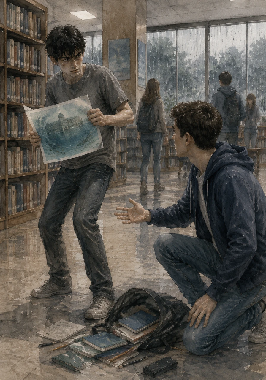 One rainy afternoon, the wind slammed the heavy library doors shut, causing Owen to startle and drop his backpack, spilling its contents across the linoleum floor. While other students snickered and walked past, Aaron knelt down to help, his hands brushing against a beautifully detailed drawing of the school submerged underwater. Owen quickly snatched the paper away, his dark eyes filled with a mixture of fear and deep defensiveness.