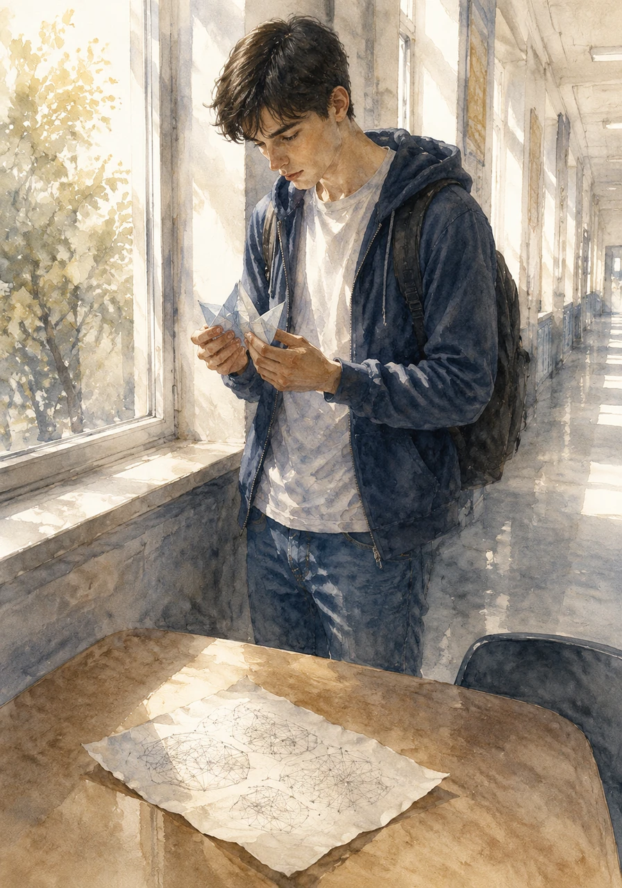 Determined to understand the mystery of the boy in the gray shirt, Aaron began noticing the subtle clues Owen left behind around Banyan High. He found intricate origami figures left on windowsills and beautifully complex equations scribbled in the margins of discarded scrap paper. It became clear to Aaron that Owen wasn't empty or strange; he was a silent genius protecting a world of his own.