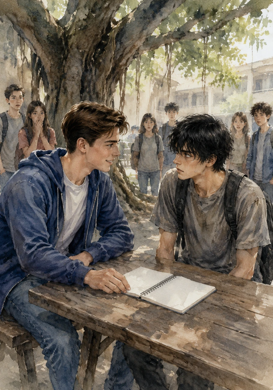 The next day, Aaron decided to break the unspoken rule of Banyan High and walked straight toward Owen's isolated table under the banyan tree. As he sat down, the surrounding courtyard grew quiet with shock, and Owen looked up, his shoulders tense and defensive. Aaron simply smiled, took out his own notebook, and asked Owen if he could show him how to draw the intricate roots of the tree.