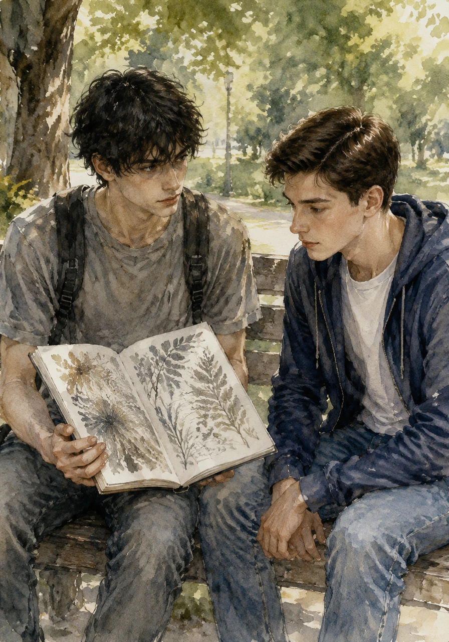 A tense silence stretched between them before Owen slowly lowered his guard and turned his sketchbook toward Aaron. He began to speak in a quiet, gravelly voice, explaining the complex patterns of nature and art that he saw everywhere. Aaron listened intently, realizing that the tall, quiet boy possessed a brilliant mind and a remarkably kind heart.