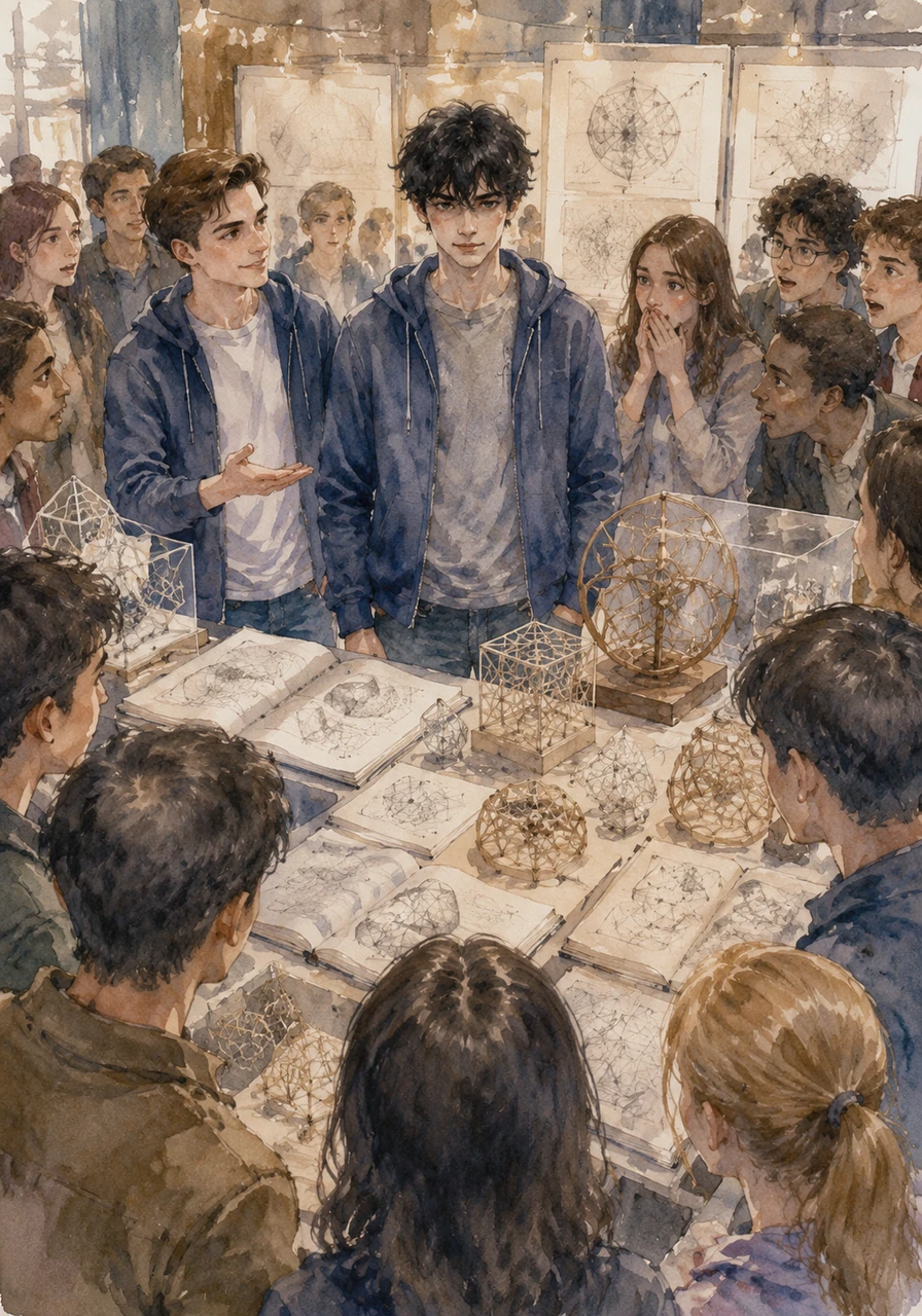 For the annual Banyan High Art and Science Fair, Aaron convinced Owen to enter his extraordinary collection of sketches and mathematical models. On the night of the exhibition, a large crowd gathered around Owen's display, murmuring in absolute awe at the breathtaking depth of his work. Owen stood tall, no longer looking at the floor, wearing a brand new jacket but holding the same creative spark in his eyes.