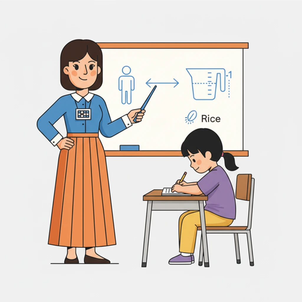 Untuk 2 orang, Ibu Sany menjelaskan, kita membutuhkan 1 cangkir beras. Ia menggambar di papan tulis, menunjukkan hubungan sederhana ini. Maya dengan cepat mencatat informasi penting tersebut di bukunya.