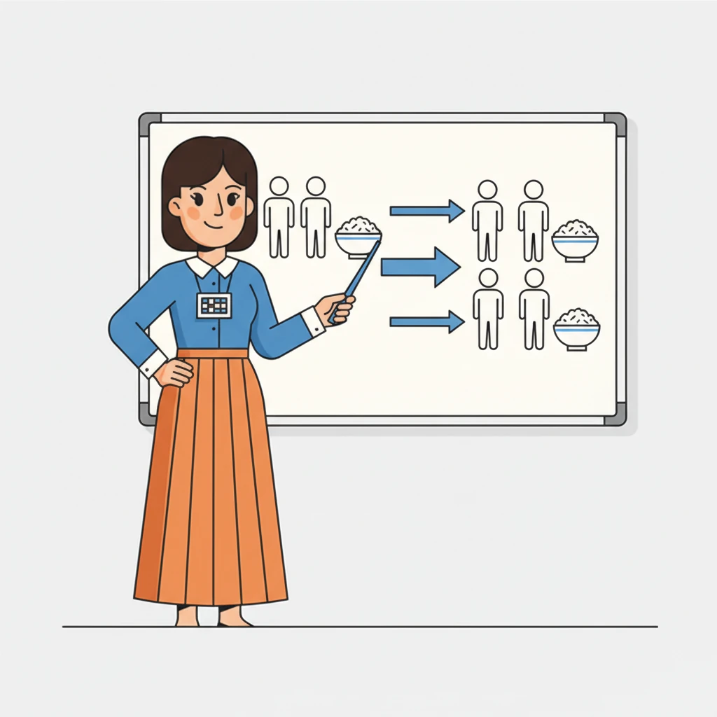 Di papan tulis, Ibu Sany menampilkan dua kelompok: dua orang dengan satu cangkir beras, lalu empat orang dengan dua cangkir beras. Garis-garis lurus dan panah menunjukkan bagaimana jumlah beras bertambah seiring dengan jumlah orang. Ini adalah visualisasi perbandingan senilai yang jelas.