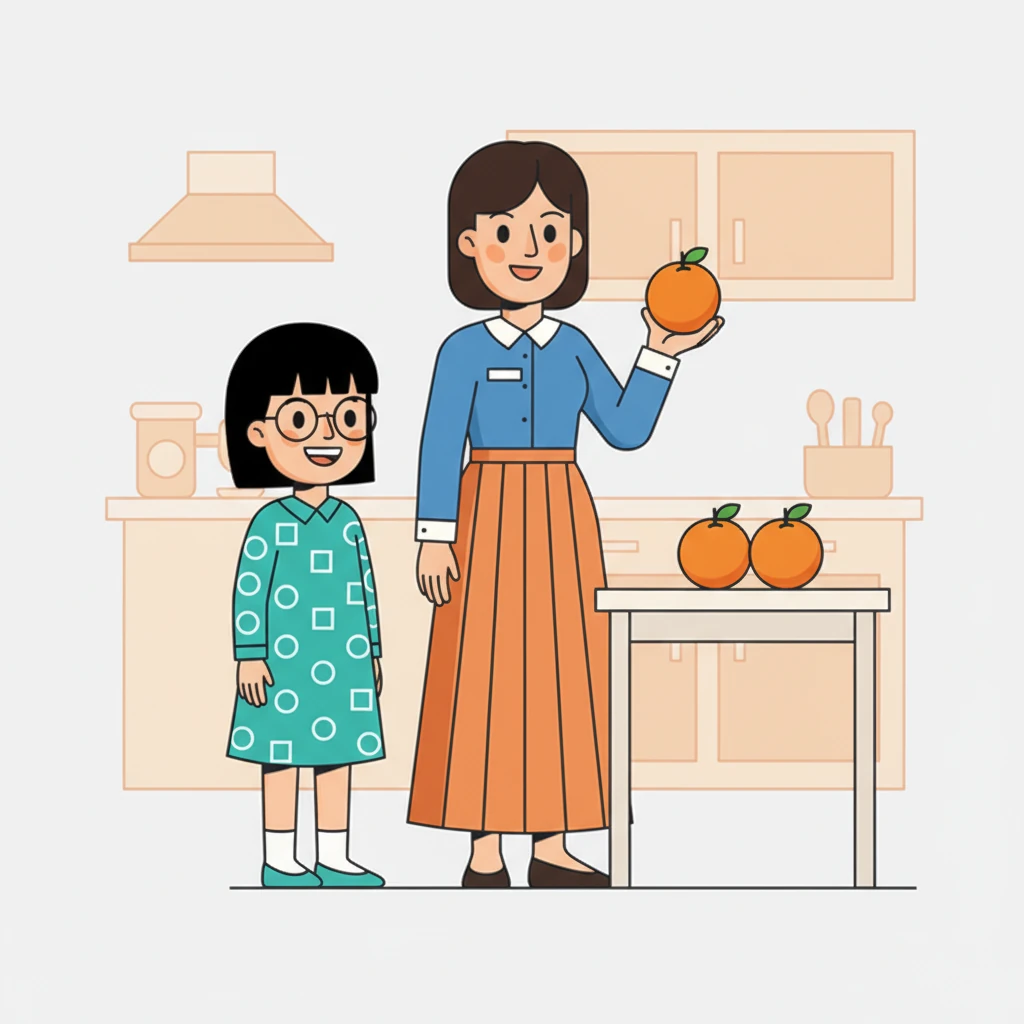 "Mari kita coba contoh lain," Ibu Sany melanjutkan, "Untuk membuat satu gelas jus jeruk segar, kita butuh tiga buah jeruk." Ia memegang sebuah jeruk besar, menunjukkan kesegaran buahnya. Maya tersenyum, menyukai contoh-contoh yang mudah dipahami.