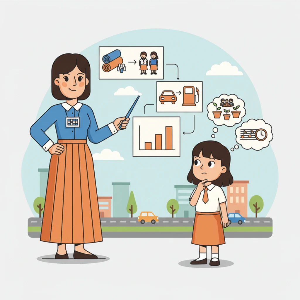 Ibu Sany menunjukkan bahwa perbandingan senilai ada di mana-mana, dari membeli kain untuk seragam hingga menghitung bahan bakar untuk perjalanan. Dunia di sekitar kita penuh dengan hubungan yang proporsional. Maya melihat sekeliling, menemukan banyak contoh dalam pikirannya.