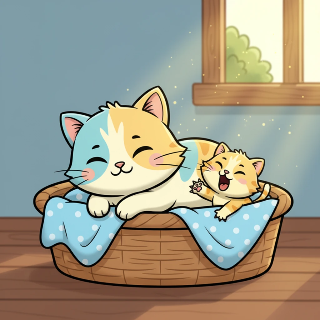 The first rays of morning sunshine peeked through the window, warming Misty the mama cat and her tiny kitten, Pip, in their cozy basket. Pip stretched out a little paw, yawning a tiny, adorable yawn as Misty purred contentedly beside him.