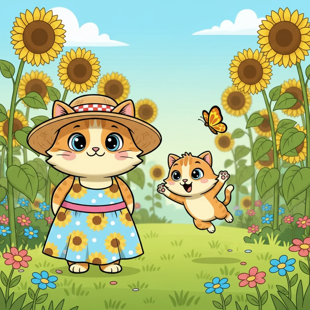 Outside, the garden was a riot of color. Pip, full of morning energy, pounced playfully at a bright yellow butterfly fluttering among the tall, swaying sunflowers, while Misty watched with a loving smile.