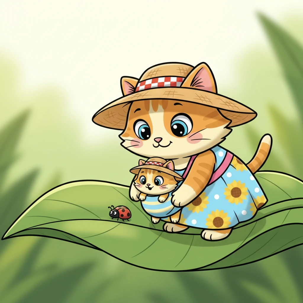 Their adventure led them to a giant green leaf where a tiny, shiny ladybug slowly crawled. Pip tilted his head, utterly fascinated by the little creature, as Misty gently nudged him closer to observe.