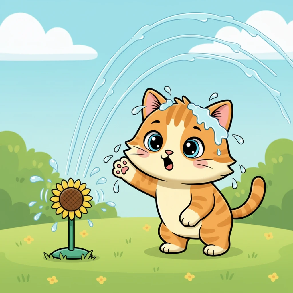 Suddenly, a sprinkler whirred to life, sending cool droplets arcing through the air. Pip, startled but curious, tried to bat at a shimmering drop and ended up with a surprised, wet nose, shaking his head playfully.