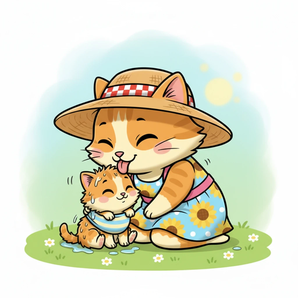 Misty quickly came to the rescue, gently licking Pip's damp fur with her warm tongue. Her soft purrs reassured the little kitten, making him feel safe and loved after his unexpected splash.