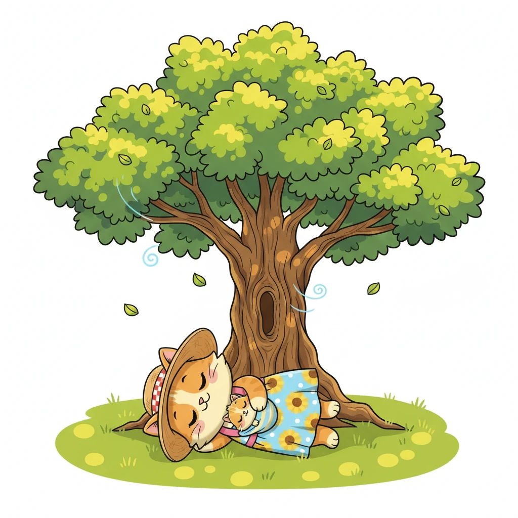 To escape the midday heat, they found a perfect, shady spot under a grand old oak tree. A gentle breeze rustled the leaves above, creating a peaceful haven where they could nap and recharge.