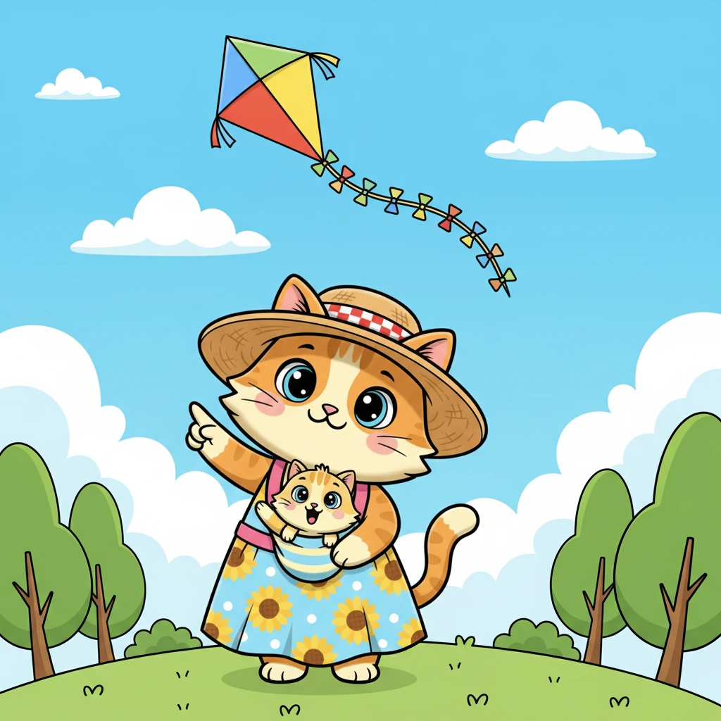 Later, Pip spotted something magnificent soaring high above the trees – a colorful kite dancing in the clear blue sky. He pointed with an excited paw, his eyes wide with wonder at the distant spectacle.