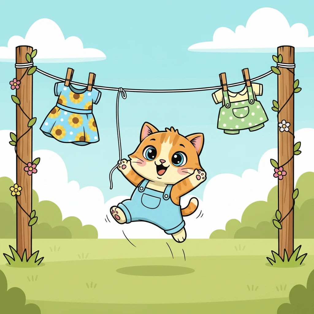 A clothesline strung between two posts offered new amusement. Pip, with all his kitten might, leaped and swatted at a dangling piece of string, giggling at its playful bounce.