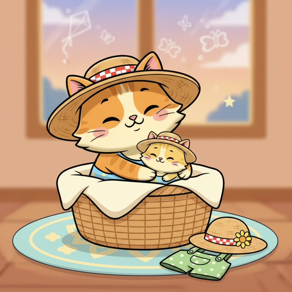 Finally, tired from their day of summer fun and exploration, Misty and Pip snuggled close in their soft basket. With full hearts and sleepy eyes, they drifted off to dream of more sunny adventures.