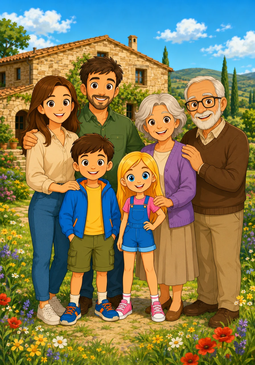 Leo and Clara stand happily with their parents, Maria and Josep, and their grandparents, Lila and Carles. They are in front of their beautiful stone house in the sunny Alt Empordà countryside, surrounded by green fields and blooming flowers.