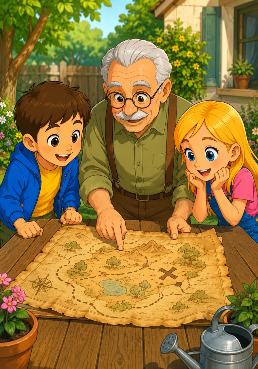 In the garden, Grandpa Carles spreads an old, yellowed treasure map on a wooden table. Leo and Clara lean in close with wide eyes, feeling very excited to start a real adventure in their own backyard.