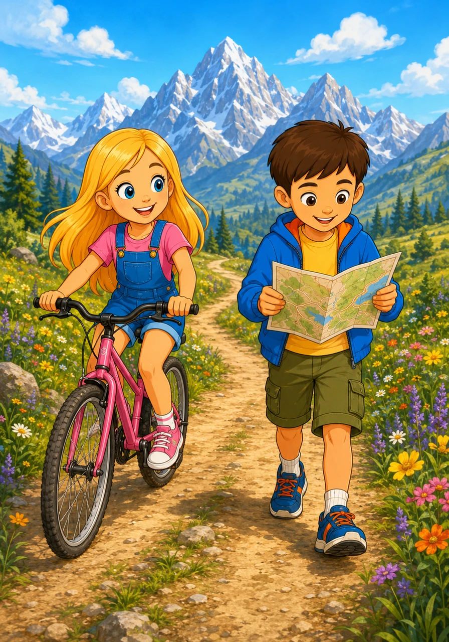 Clara pedals her bicycle along a winding dirt path while Leo walks quickly beside her, carefully checking the map. The bright sun shines over the wildflowers and the tall mountains in the distance.
