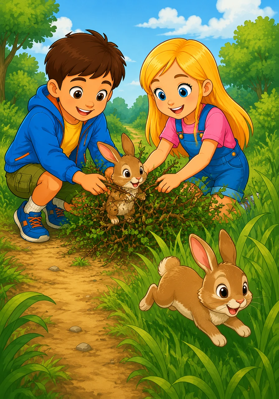 Along the way, the children spot a small brown rabbit stuck in a prickly bush. Leo and Clara gently help the little animal get free, and the happy rabbit hops away into the tall green grass.
