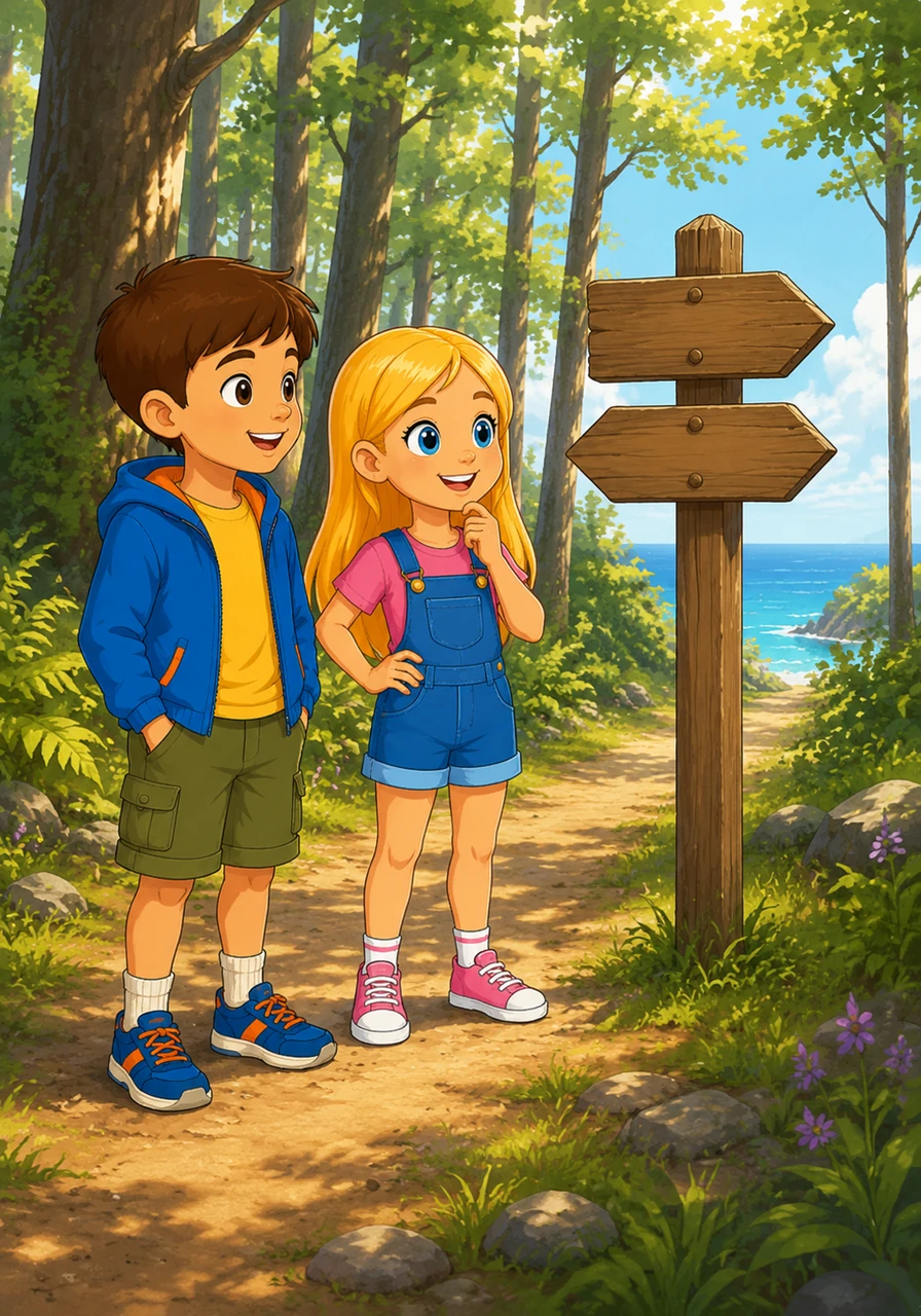 The trail leads them into a cool forest where sunlight dances through the leaves of the tall trees. They stop at a wooden signpost to read a mysterious clue that tells them to head toward the salty sea air.